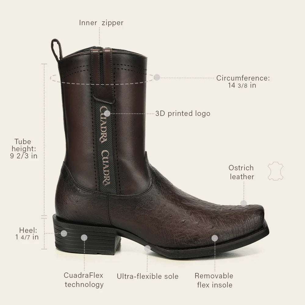 Cuadra Men’s Chocolate Genuine Ostrich Leather Urban Boots