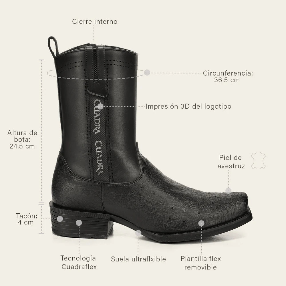 Cuadra Men’s Black Genuine Ostrich Leather Urban Boots