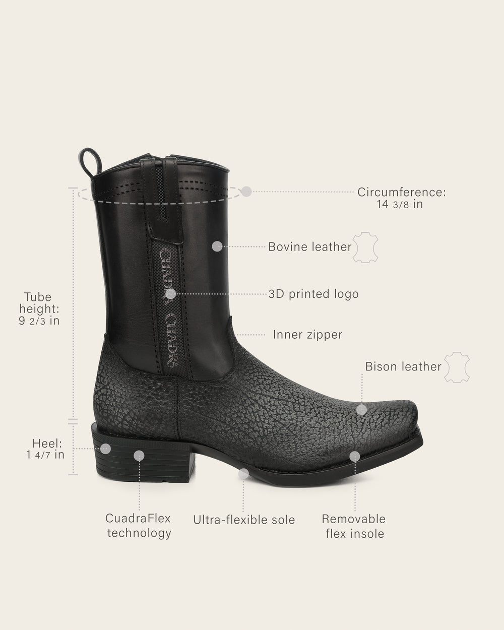 Cuadra Mens Grey Black American Bison Boots 1J4KBN