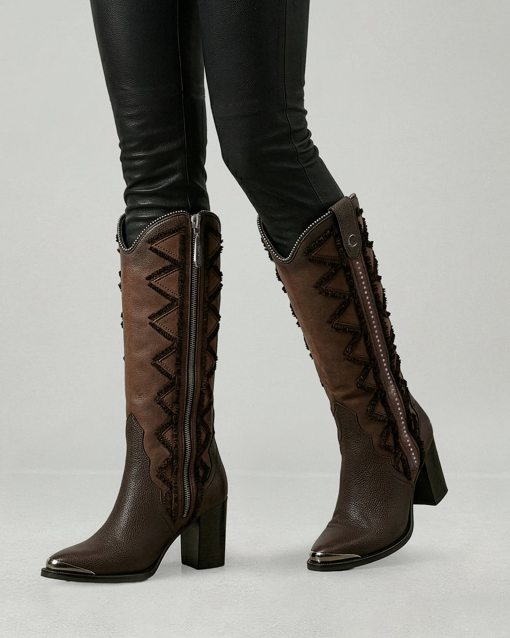 Women’s Brown Western Boot In Bovine Leather With Frayed Embroidery CC334/4I28RS