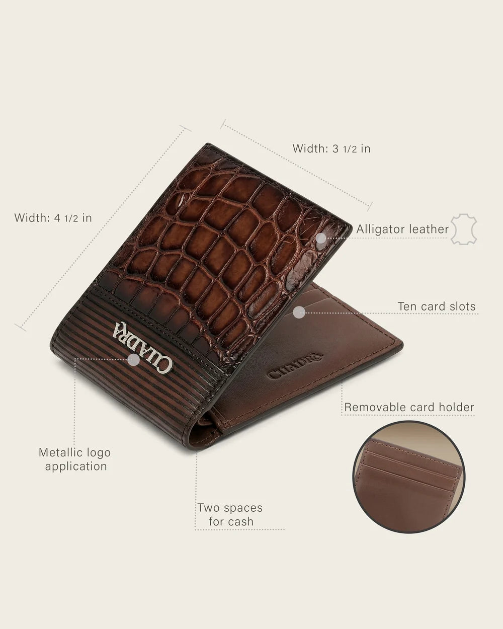 Cuadra Men’s Honey Alligator Leather Wallet with Removable Card Holder