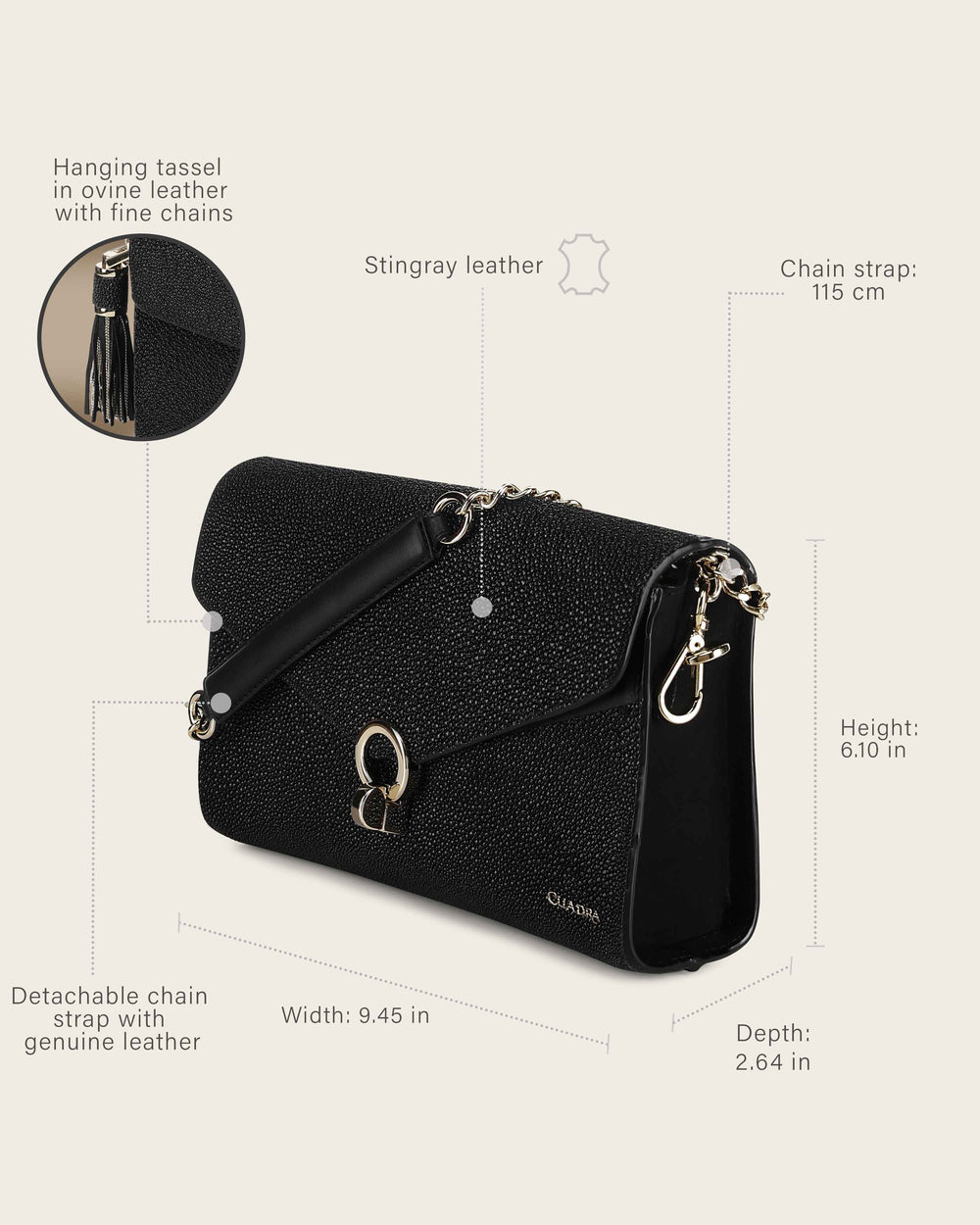 Black Clutch Bag In Genuine Stingray Leather For Women