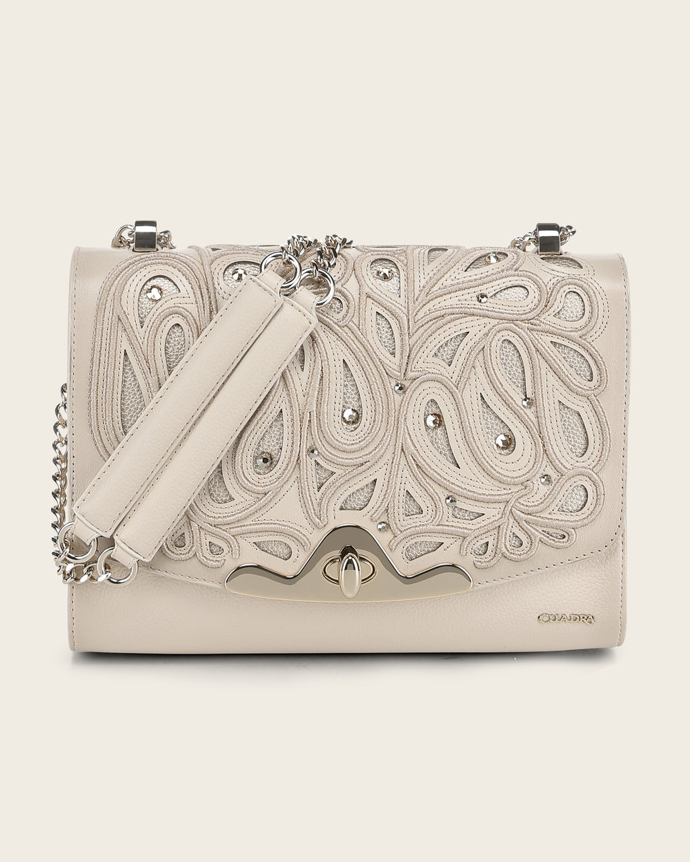 Cuadra Women’s Beige Bovine Leather Shoulder Bag Clutch Style With Crystals- DU823/BOD4CRS
