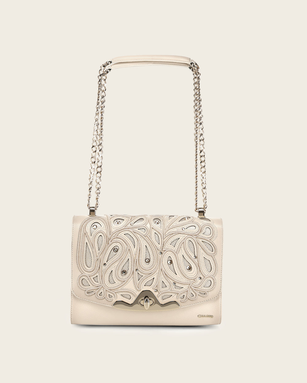 Cuadra Women’s Beige Bovine Leather Shoulder Bag Clutch Style With Crystals- DU823/BOD4CRS