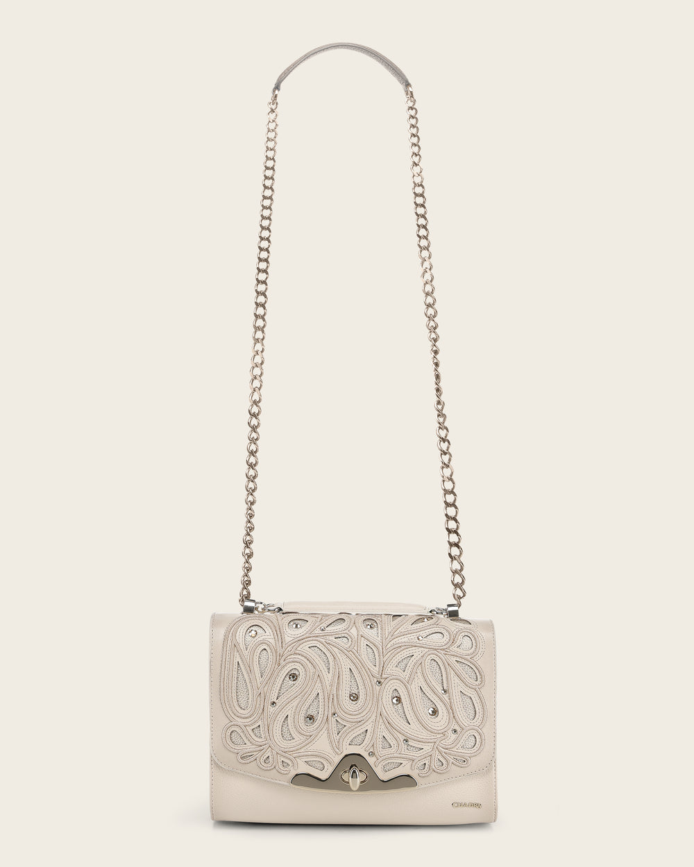 Cuadra Women’s Beige Bovine Leather Shoulder Bag Clutch Style With Crystals- DU823/BOD4CRS