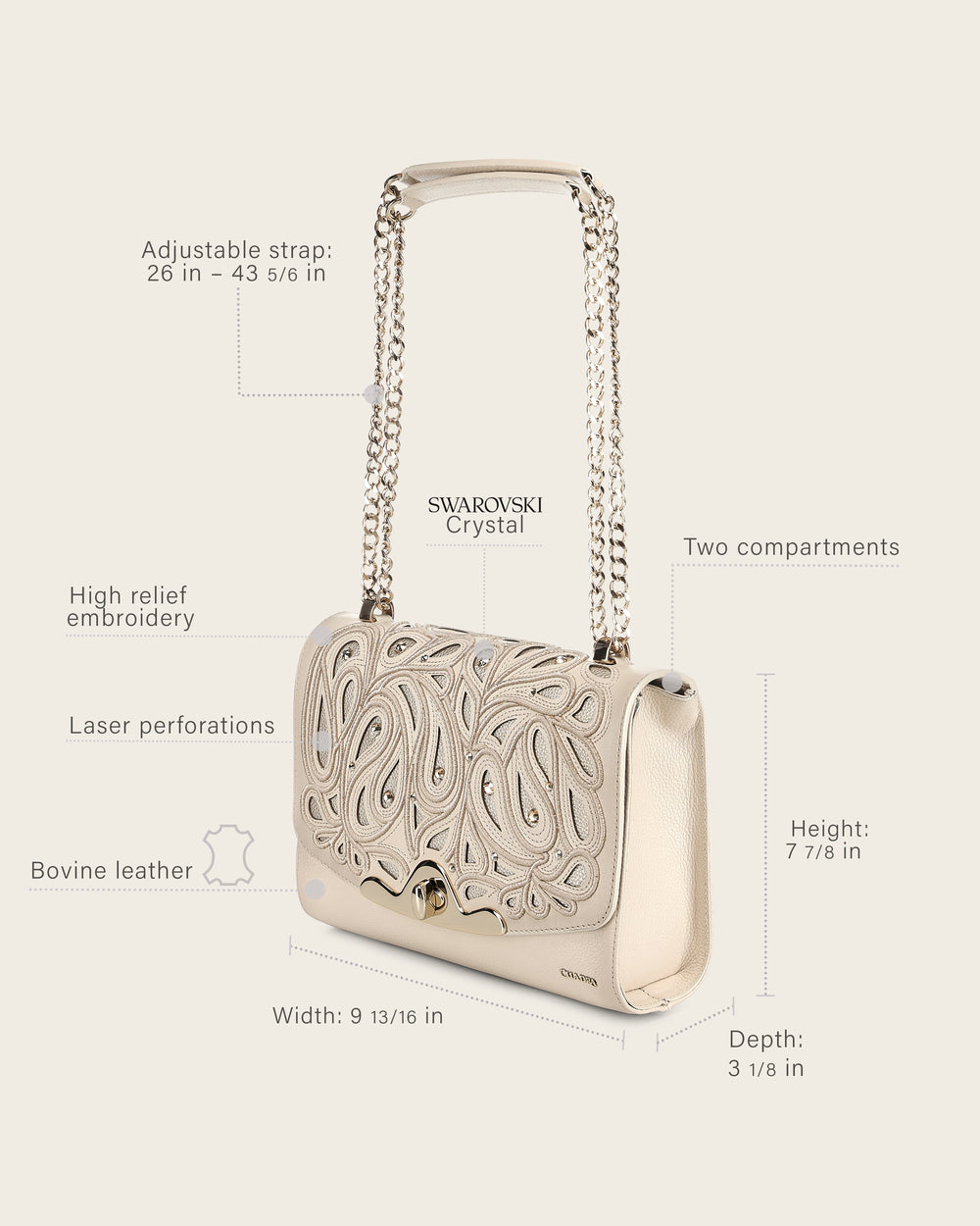 Cuadra Women’s Beige Bovine Leather Shoulder Bag Clutch Style With Crystals- DU823/BOD4CRS