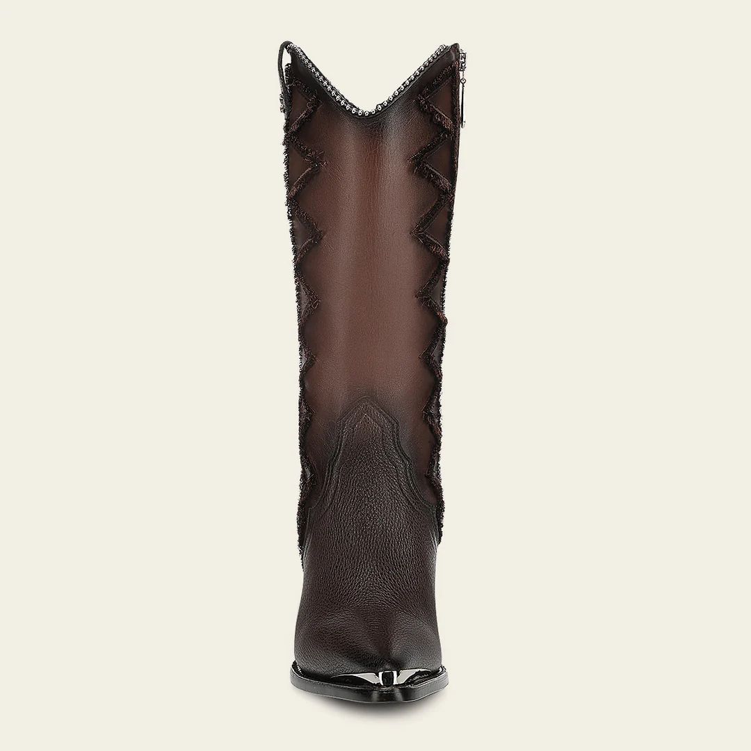 Women’s Brown Western Boot In Bovine Leather With Frayed Embroidery CC334/4I28RS