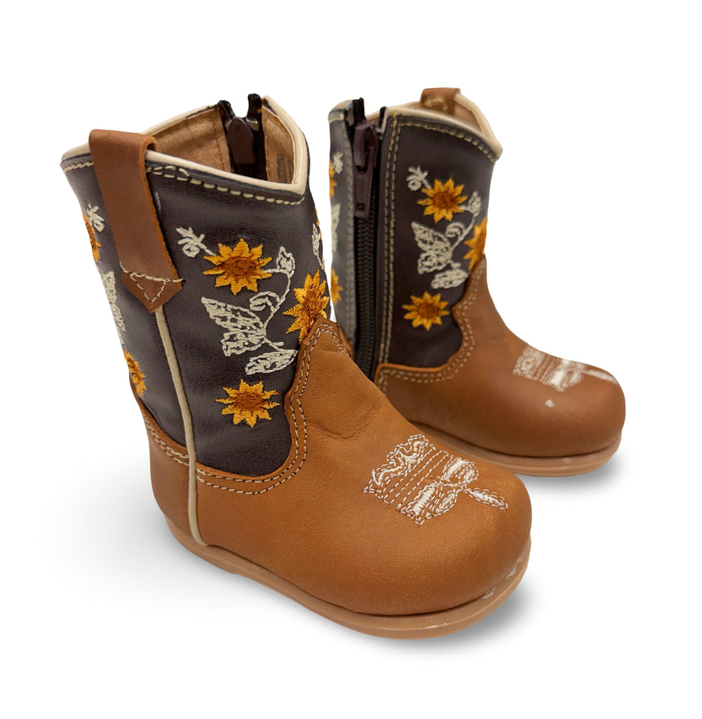 Genuine Leather Brown Sunflower Toddler/Kids Boots