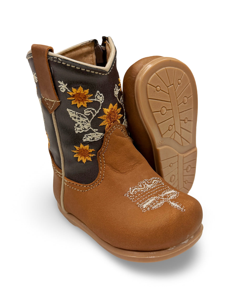 Genuine Leather Brown Sunflower Toddler/Kids Boots