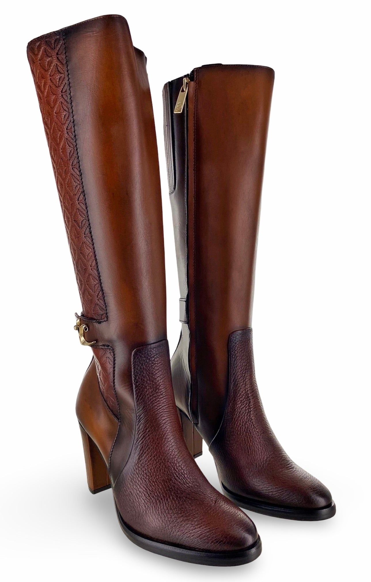 Cuadra Wmns Engraved Brown Deerskin/Cowhide Leather Tall Bristol Honey Boots T40VNRS