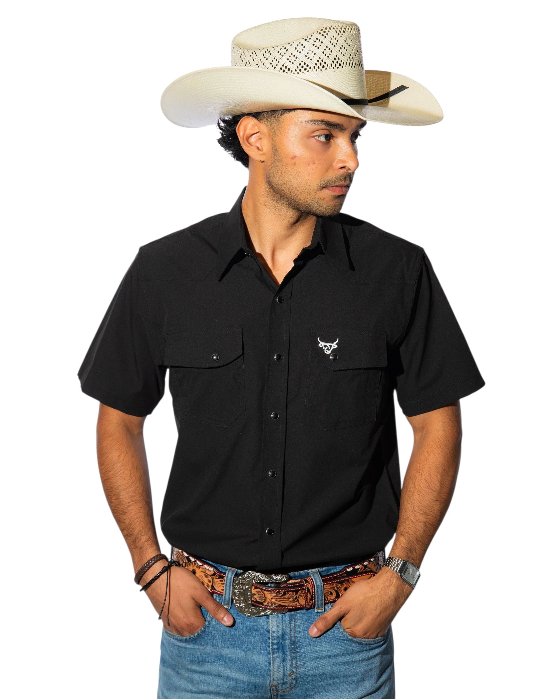 Lost Calf Men's-Black Button Down - Short Sleeve Shirt