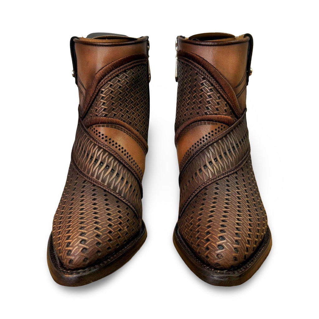 Cuadra | Wmns Botin de Res Crust Taupe Brown Laser Embroidered Stud Zipper 3F0TRS