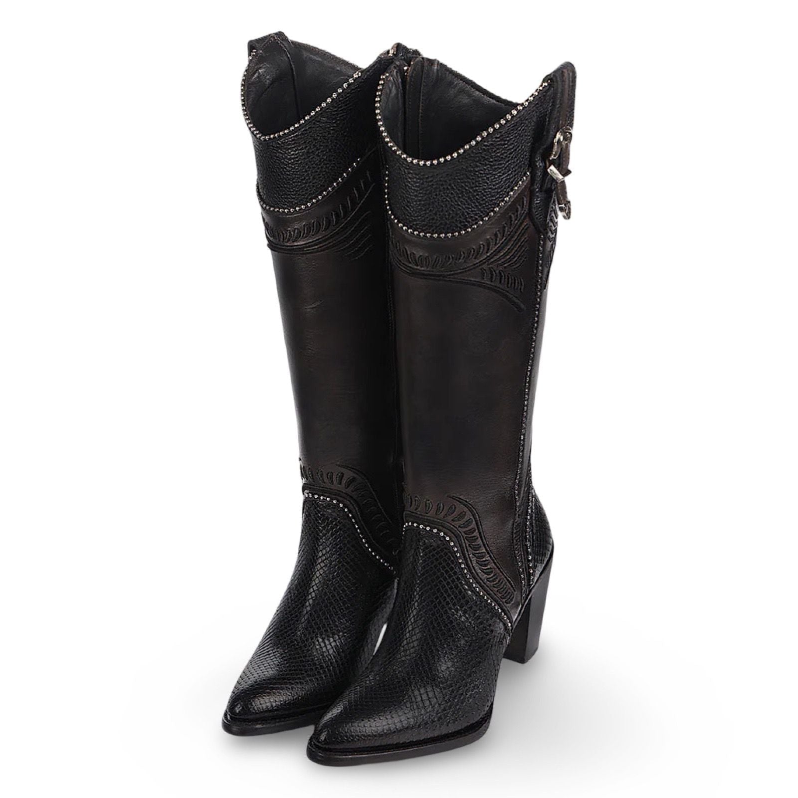 Cuadra Wmns Boot Black Python Embroidered Stud Zipper Piton Belly Cosmo Negro 3F82PM