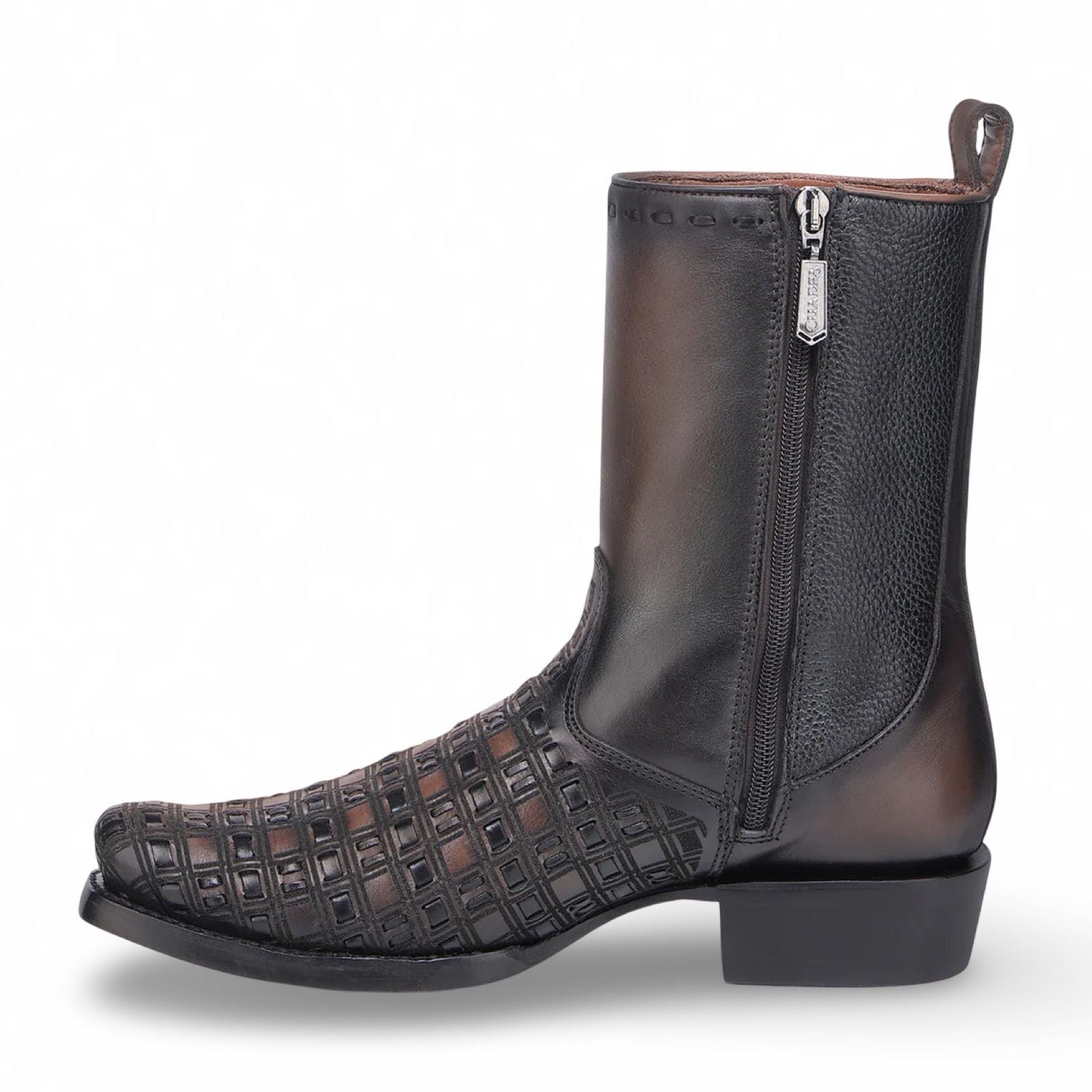 Cuadra Mens MN Chocolate Black Laser Woven Zipper Bota de Res Crust Miel 1J3PRS