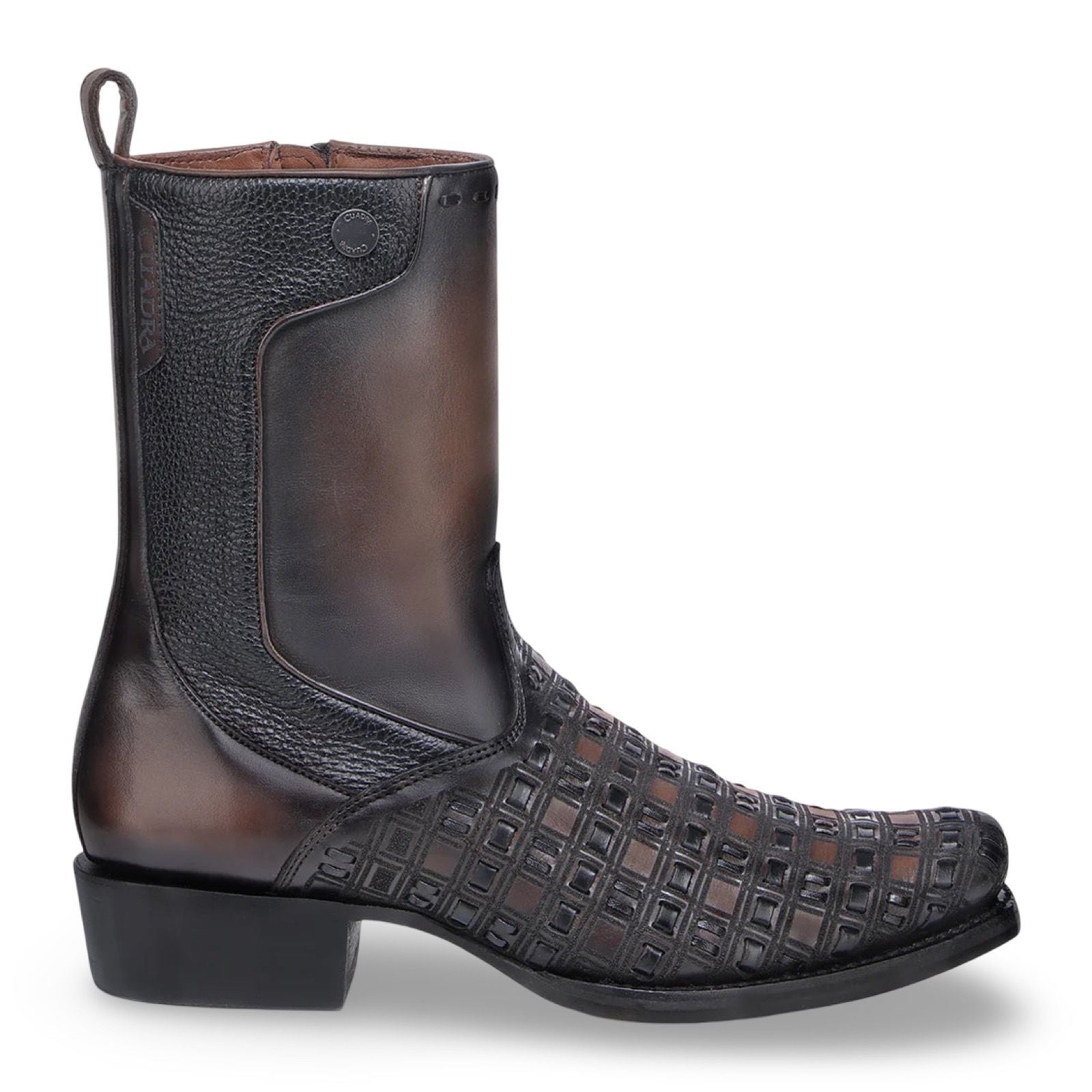 Cuadra Mens MN Chocolate Black Laser Woven Zipper Bota de Res Crust Miel 1J3PRS