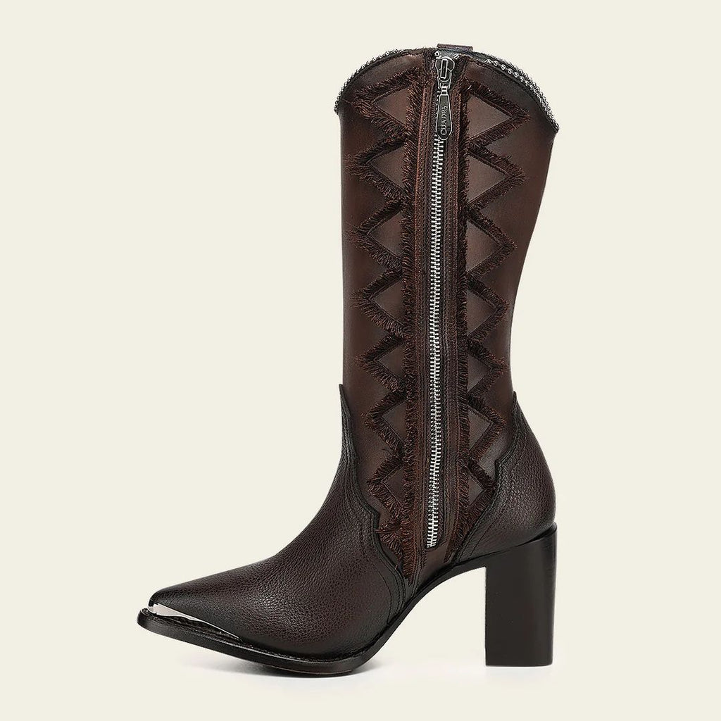 Women’s Brown Western Boot In Bovine Leather With Frayed Embroidery CC334/4I28RS