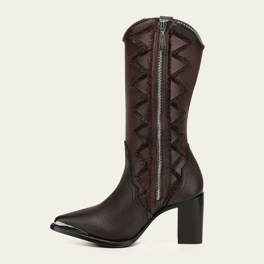 Women’s Brown Western Boot In Bovine Leather With Frayed Embroidery CC334/4I28RS