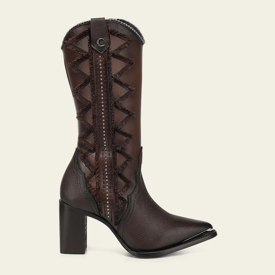 Women’s Brown Western Boot In Bovine Leather With Frayed Embroidery CC334/4I28RS